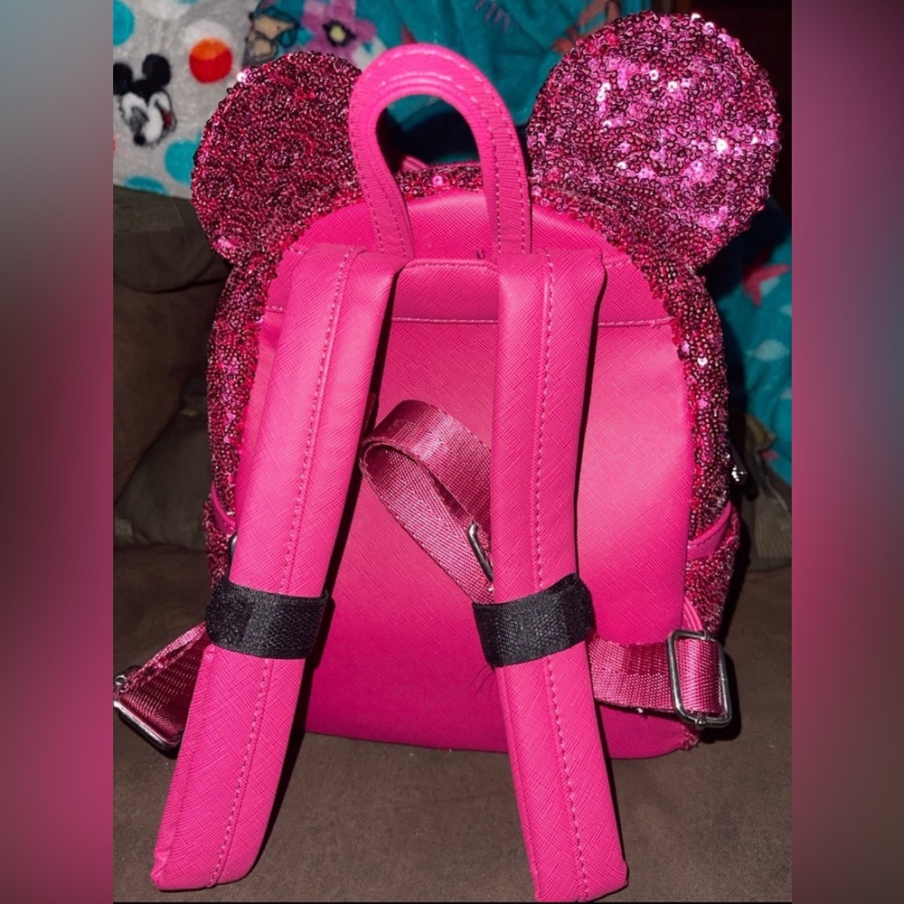 Disney parks Loungefly Magenta hot pink sequin backpack & ears - Picture 3 of 11